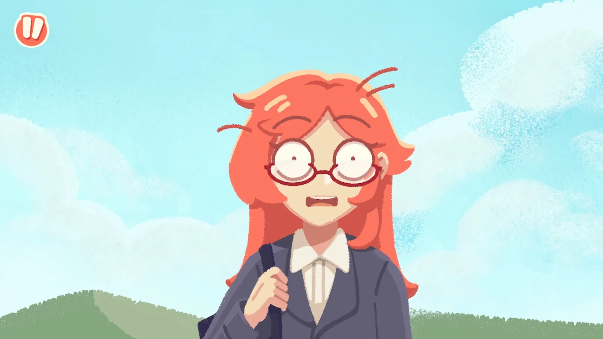 Puni the Florist: Puni looking surprised under a bright sky with clouds and hills in the background