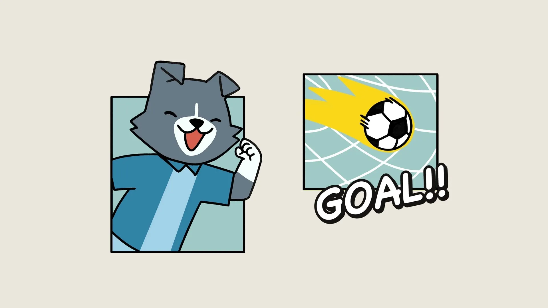 Pup Champs: Excited pup celebrating a goal with a soccer ball hitting the net in a vibrant graphic style