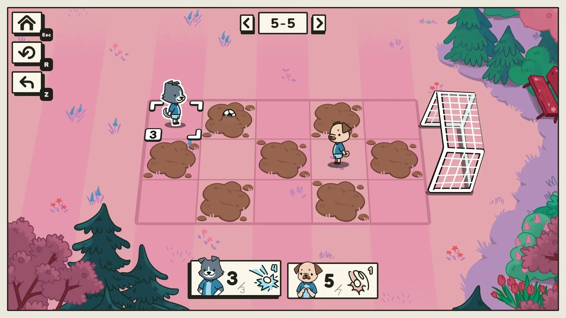 Pup Champs: Two pups in a puzzle grid field with mud patches, aiming to score in a soccer goal