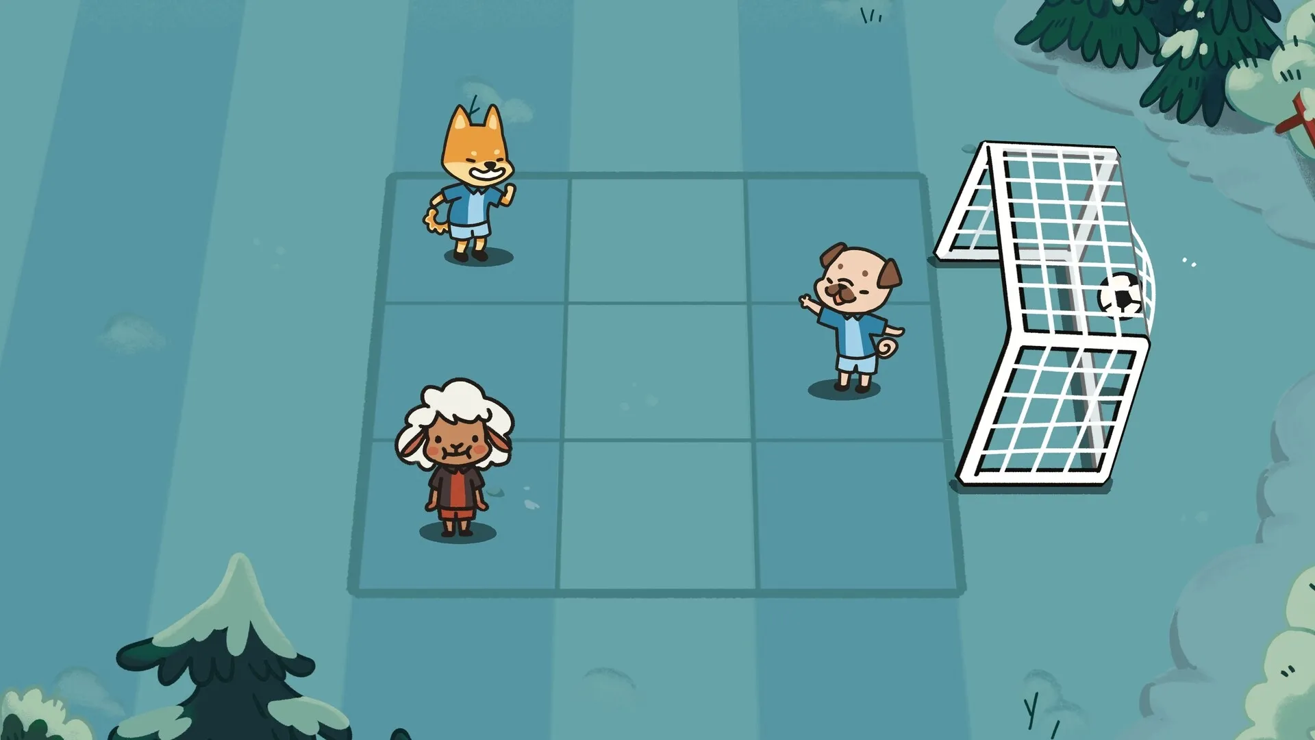 Pup Champs: Three pups on a grid field with a goalpost, preparing strategic moves to score a goal.