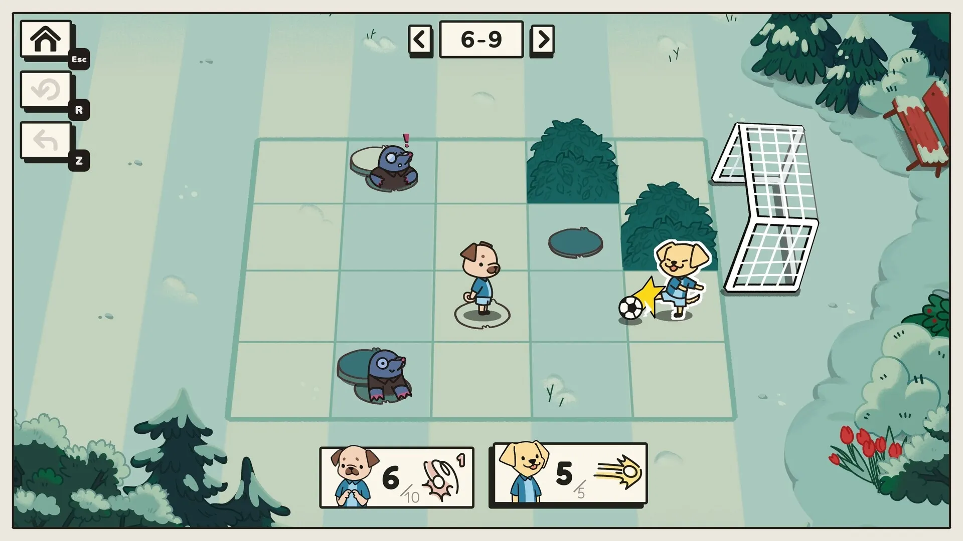 Pup Champs: Pup kicks soccer ball towards goal on grid field, two moles and teammate visible nearby