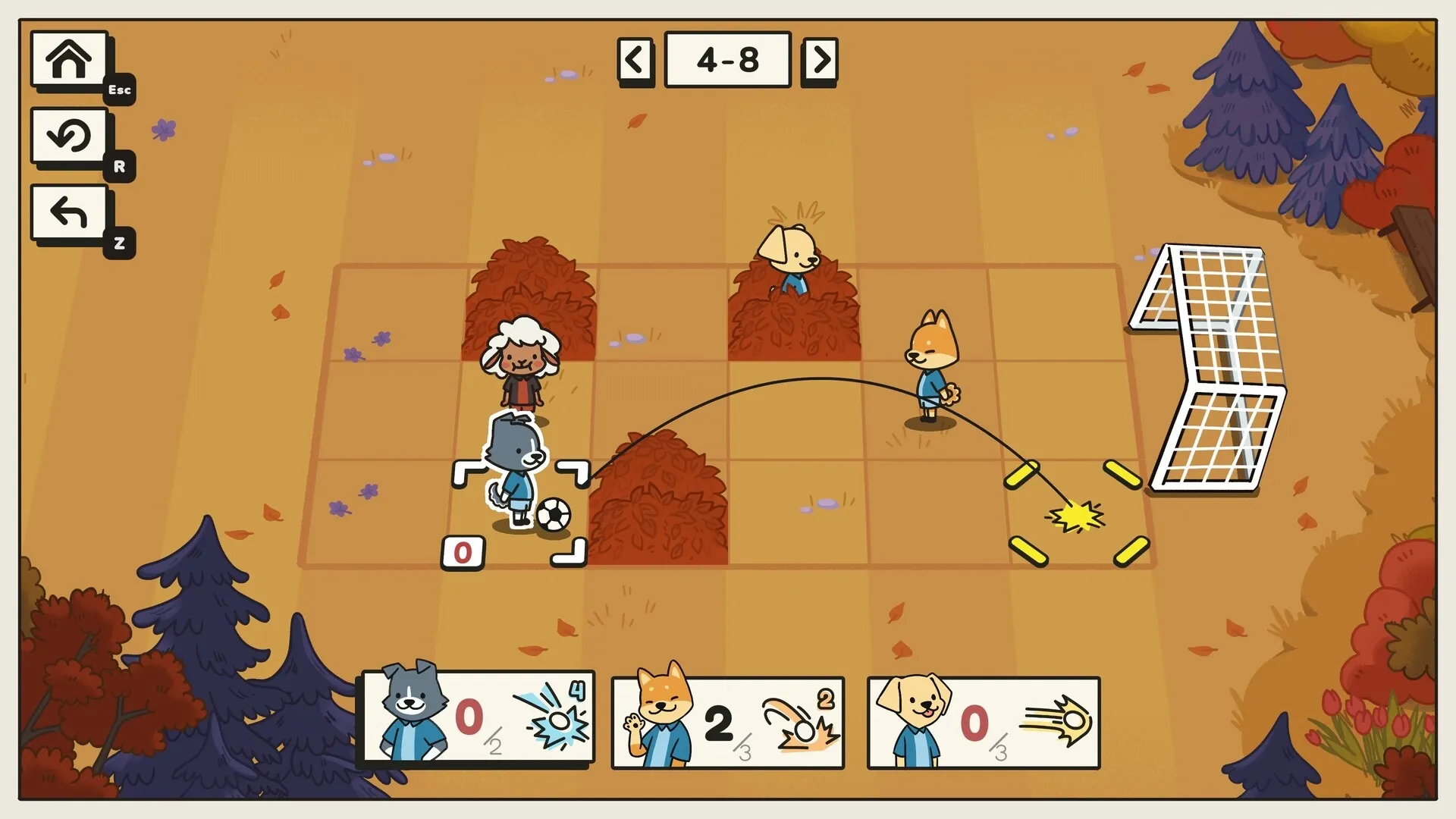Pup Champs: Tactical soccer move setup with pups on a grid field and goalpost in autumn setting