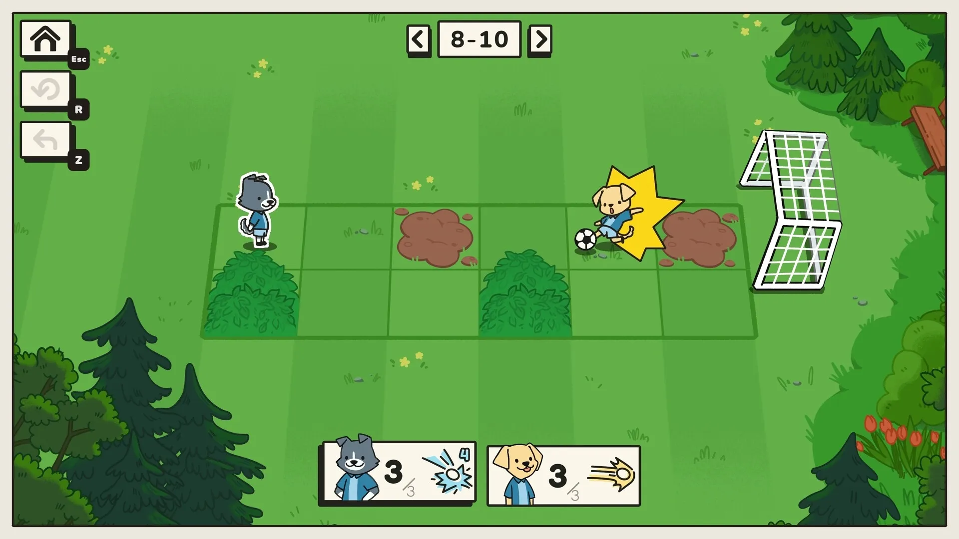 Pup Champs: Yellow pup kicks soccer ball towards goal on grassy field with UI showing move options