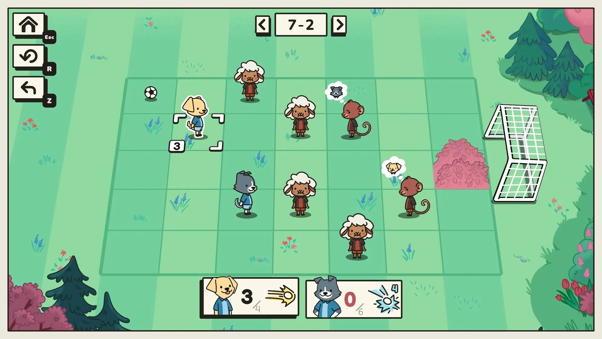 Pup Champs: Dog in blue jersey planning a move on grid soccer field with sheep and monkey opponents