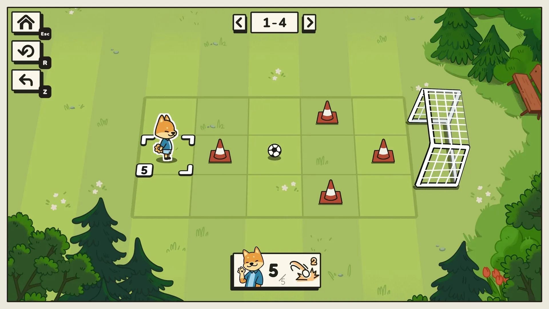 Pup Champs: Fox pup in soccer field grid with cones and goal, preparing to solve a puzzle challenge.
