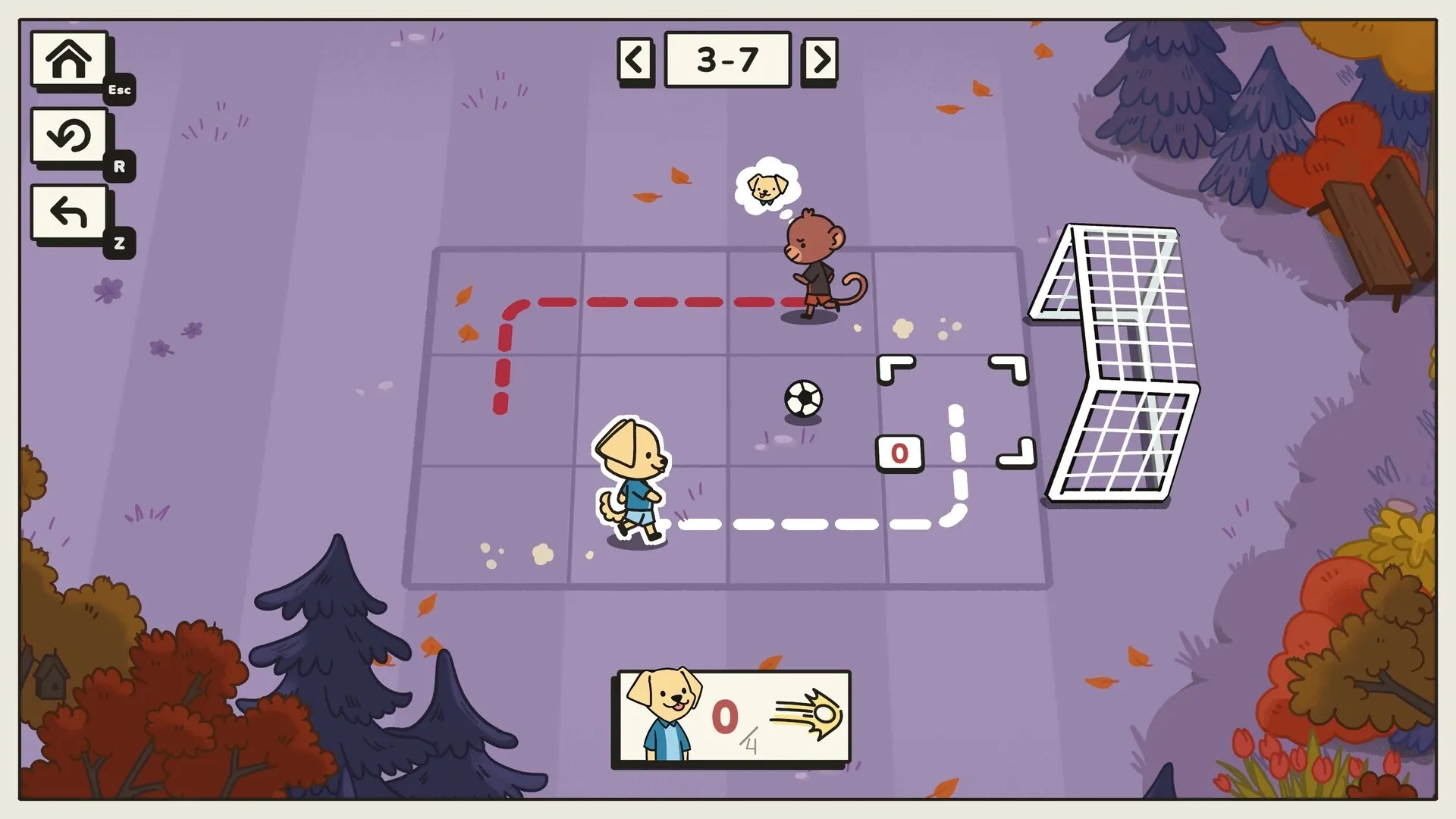 Pup Champs: Pup dribbles ball towards goal in grid puzzle, with monkey opponent in park setting