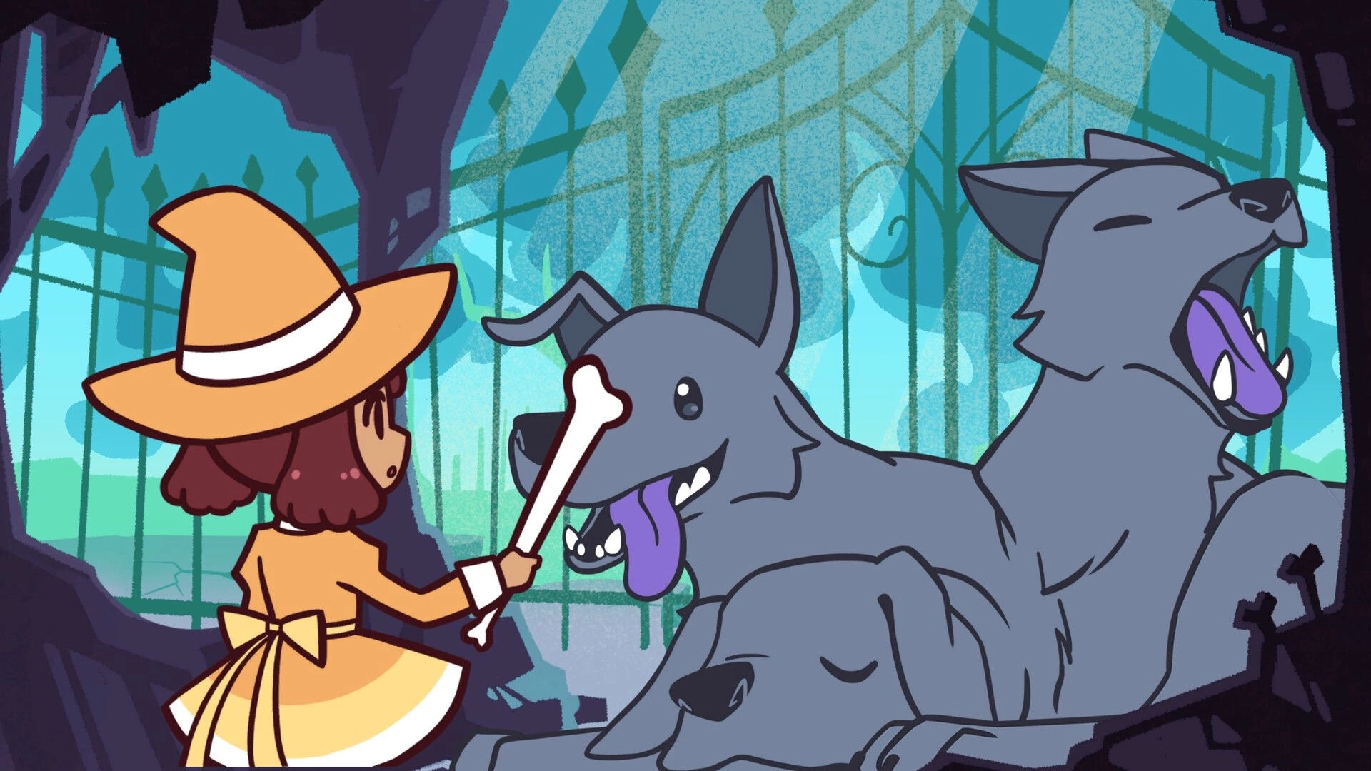 Puppergeist: Girl in wide-brim hat holds up a bone to three ghost dogs in teal ruins.