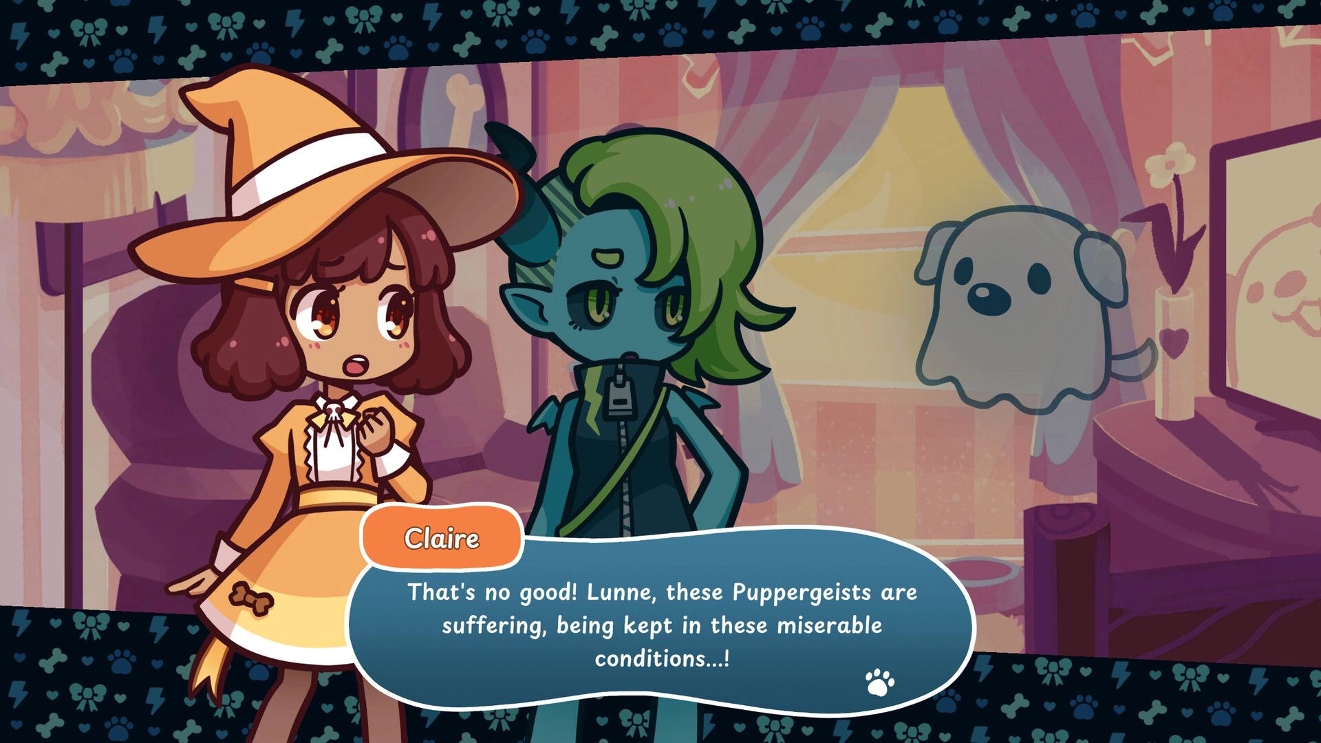 Puppergeist: Claire talks to Lune in dialogue UI beside a ghost dog inside a curtained room.