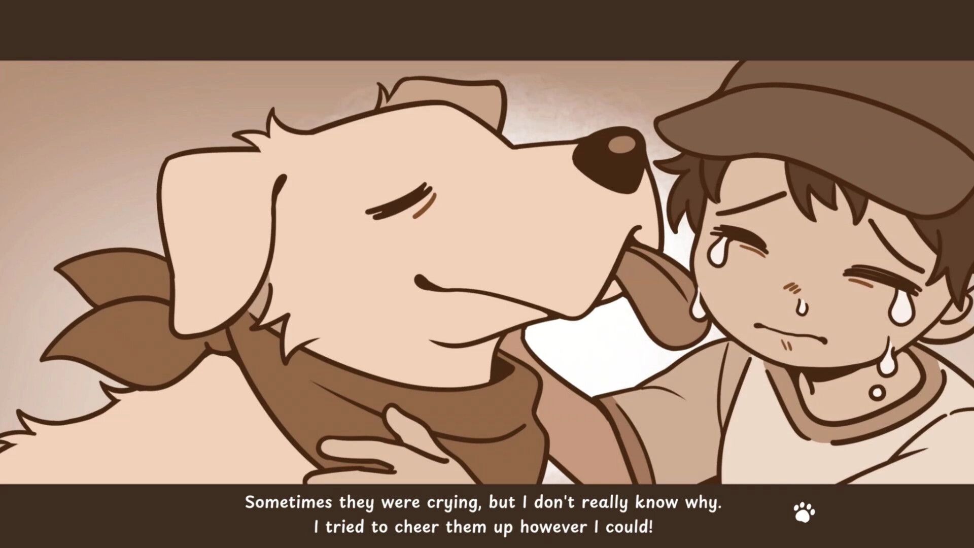 Puppergeist: Dog nuzzles a crying child in a sepia story panel with dialogue text at bottom.