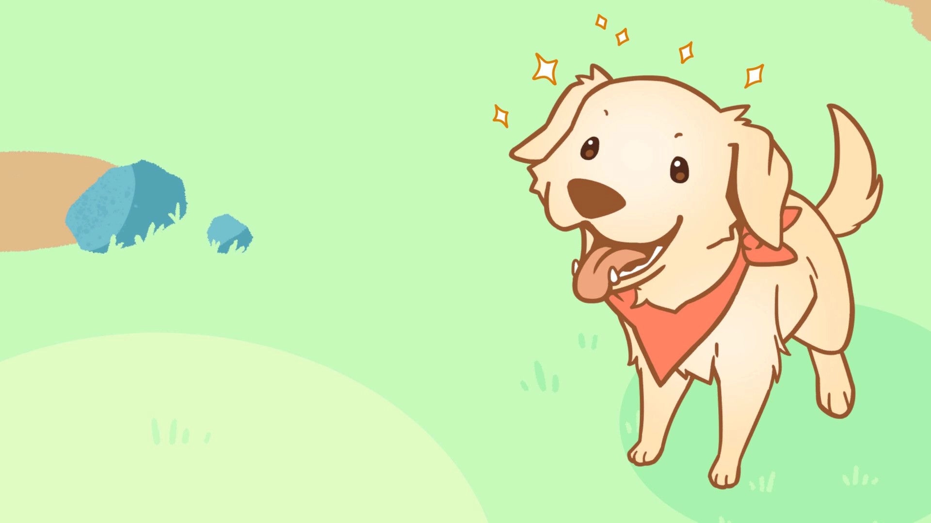 Puppergeist: Happy golden dog with red bandana and sparkles standing in pastel green field background.