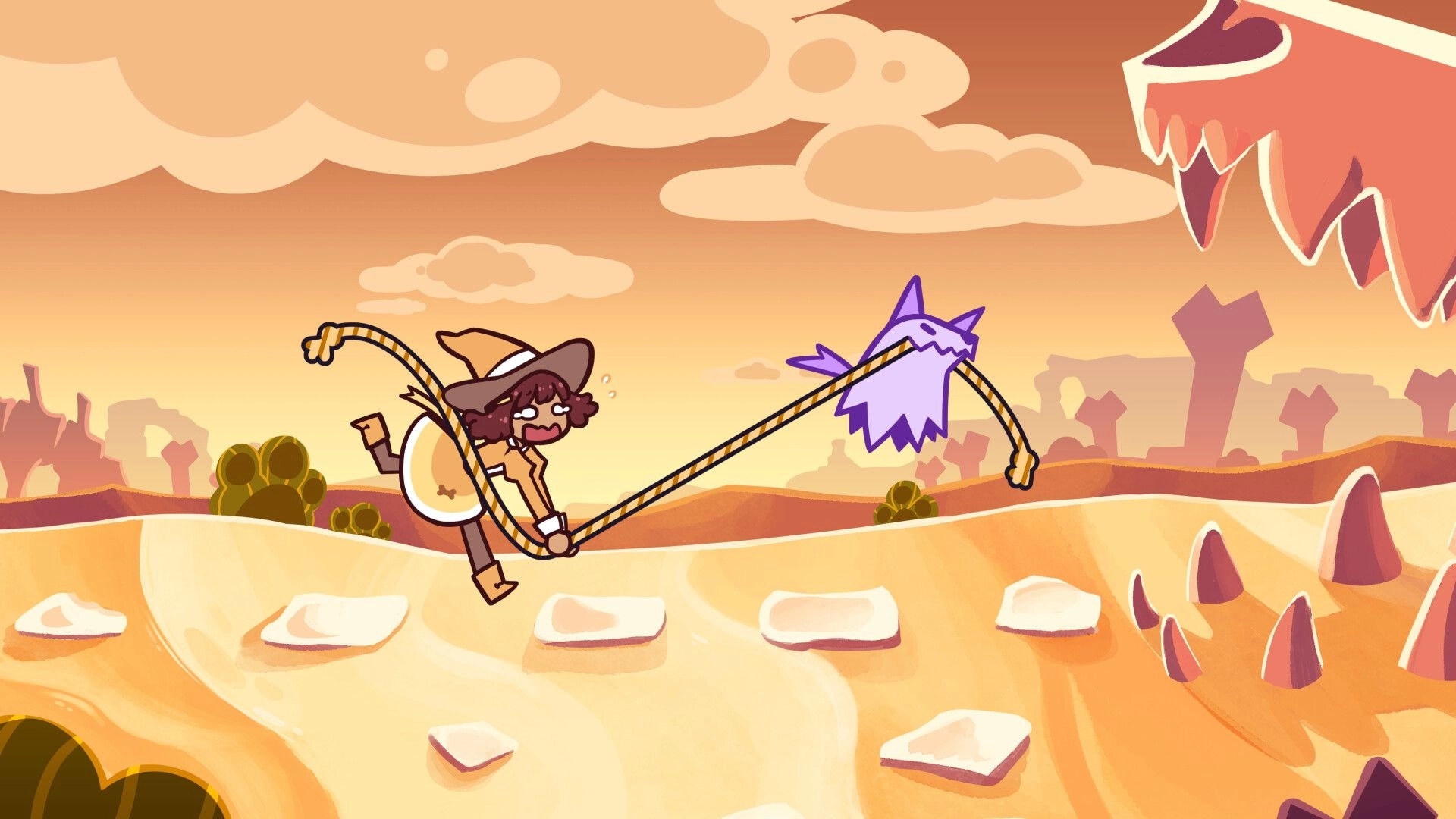 Puppergeist: Cowboy-hatted dog spirit tugging a rope with ghost pup across a desert canyon path.
