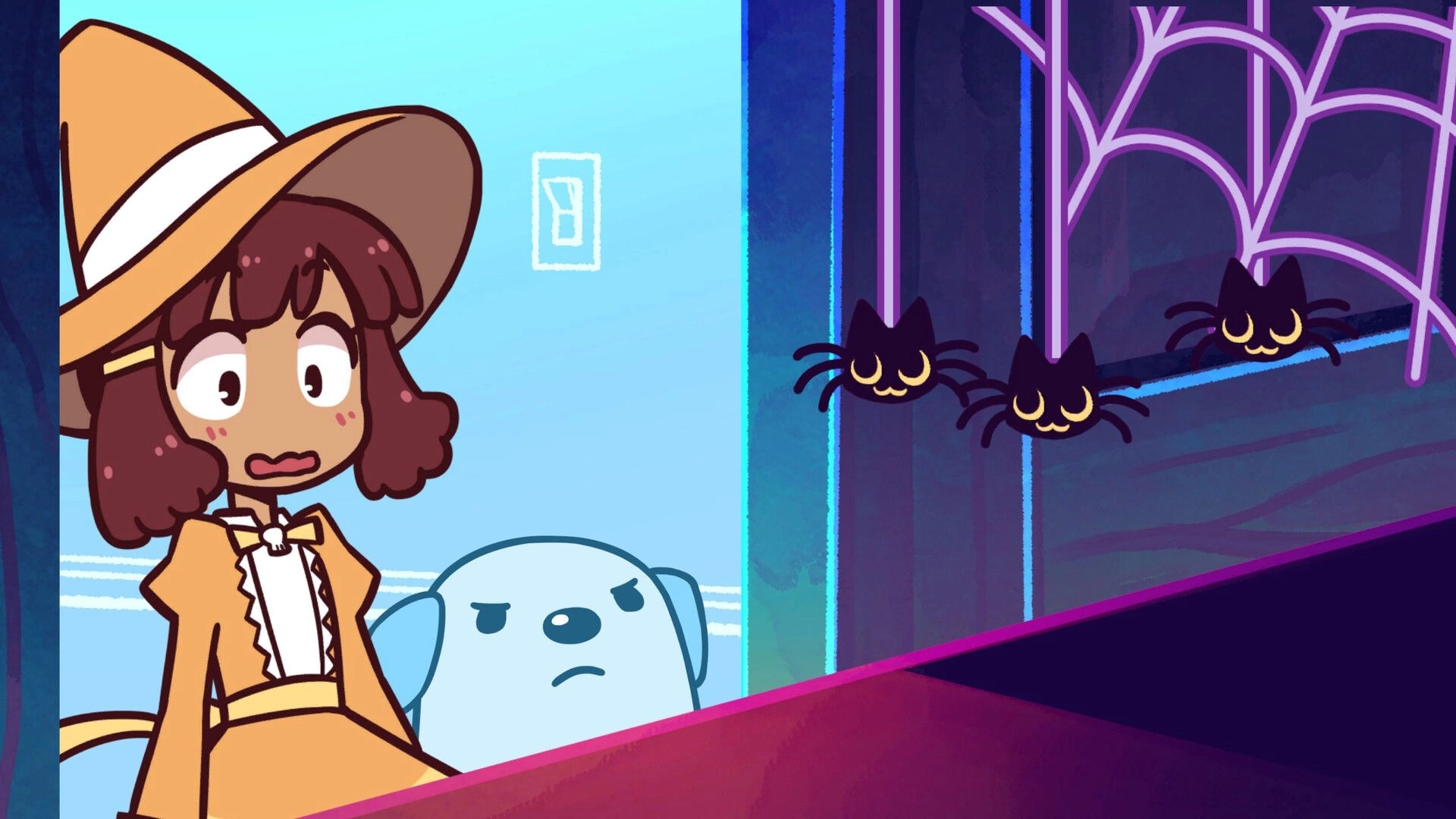 Puppergeist: Girl in hat and ghost dog stare at three spider spirits on a neon wall corridor.
