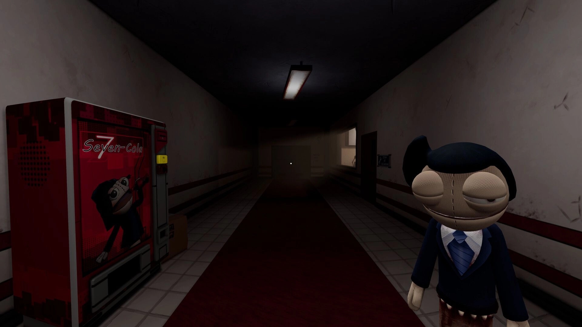 Puppetsite: Doll-like figure in a suit stands by a soda machine in a dim hallway corridor.