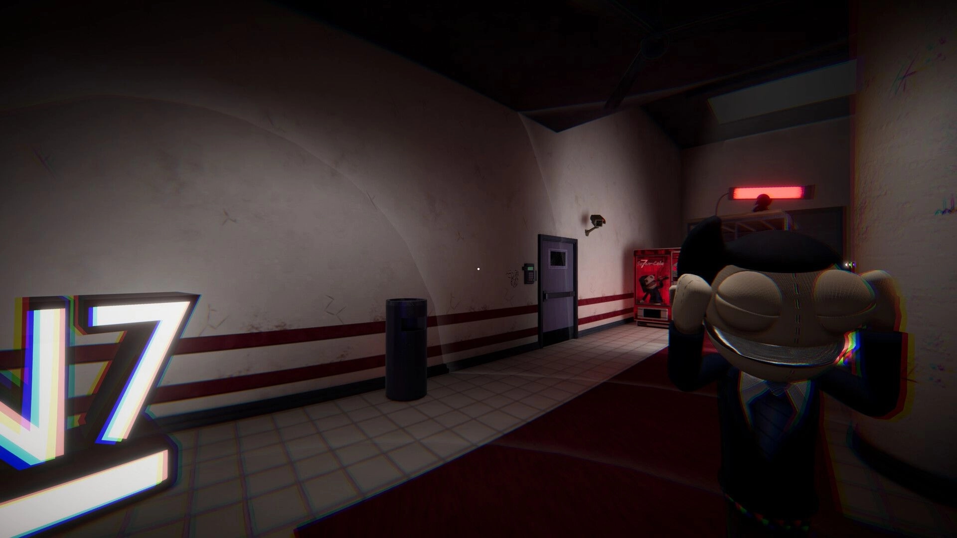 Puppetsite: First-person view down tiled hallway with door, vending machine, and puppet arm UI 17.