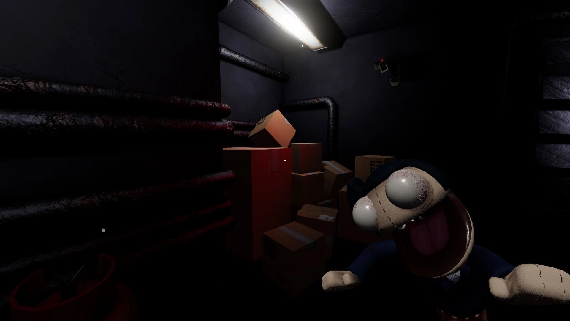Puppetsite: Wide-eyed puppet stares at camera in dark storage room with boxes and ceiling light.