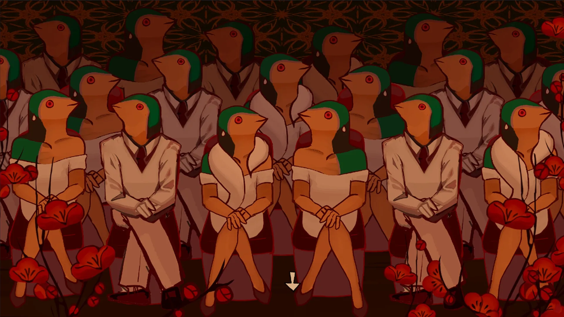 Purgatory’s Flower: Group of bird-headed figures seated among red flowers in a dimly lit hall.