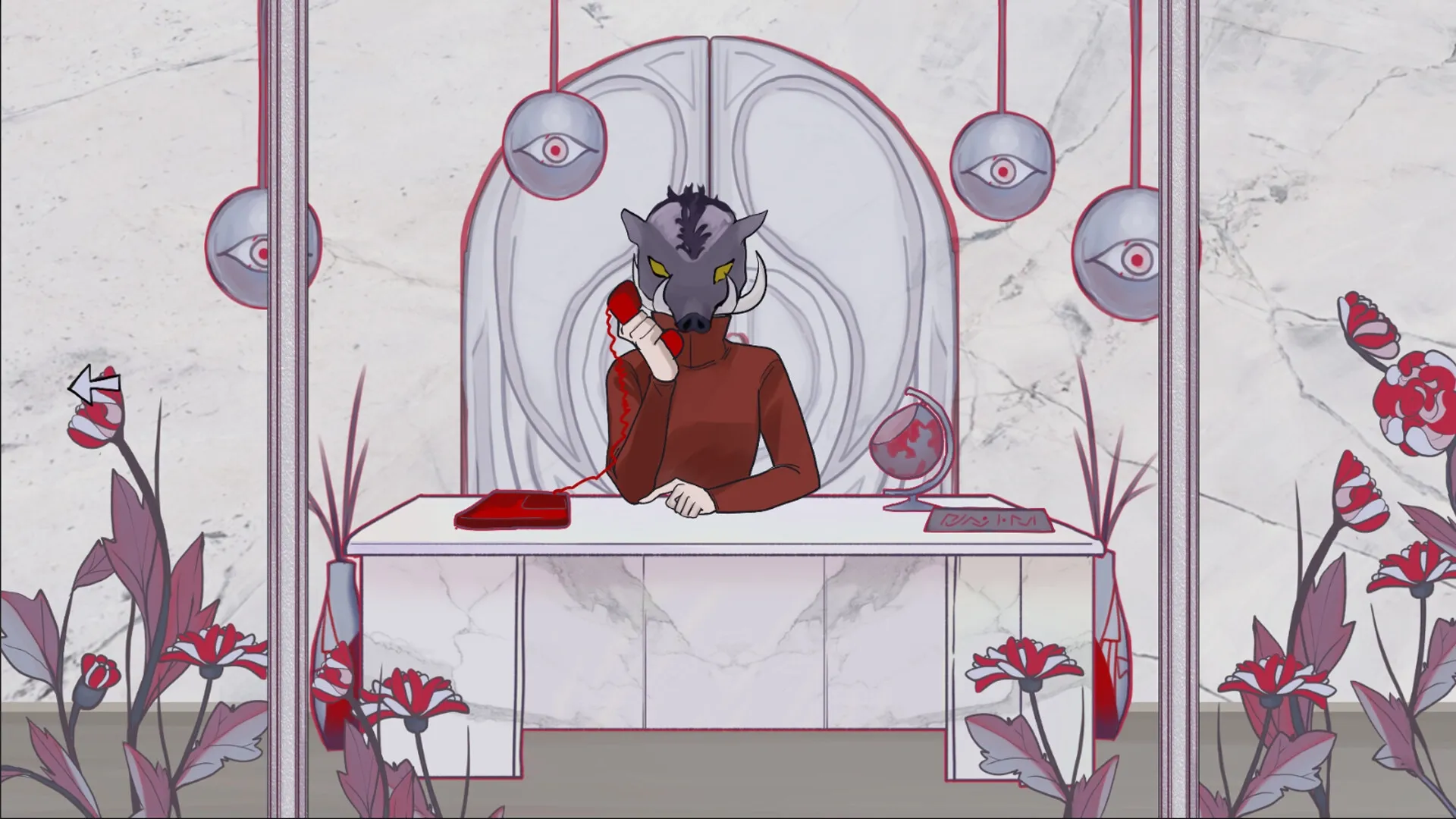 Purgatory’s Flower: Masked character on phone at desk surrounded by eerie flowers and eye motifs