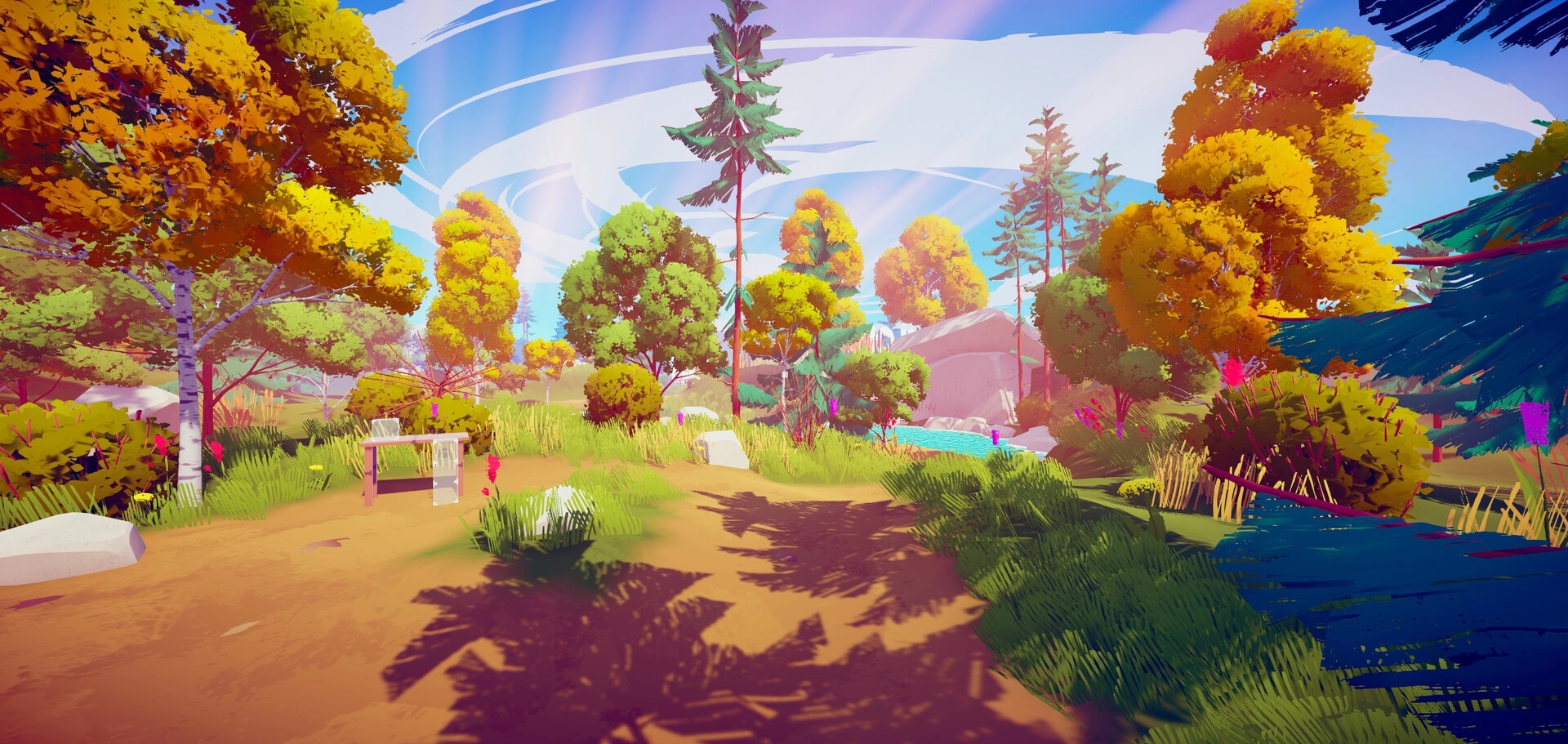 Putt in Parks: Tranquil pathway with vibrant trees and a wooden bench in a stylized park landscape.