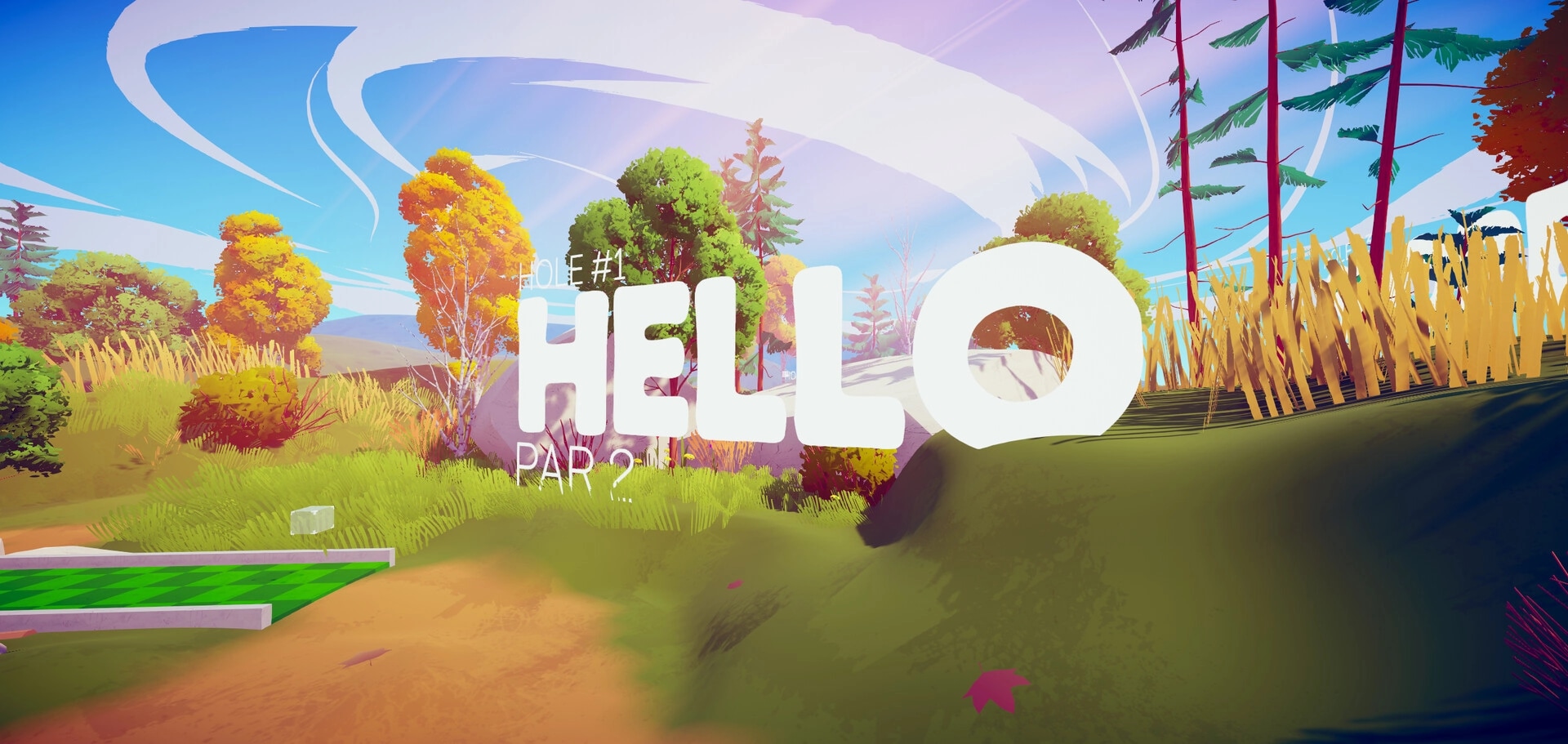 Putt in Parks: Hole #1 introduction with vibrant trees in a stylized, colorful golf course setting.