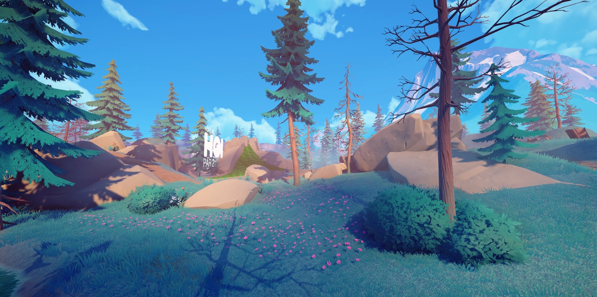 Putt in Parks: Hole 1 Par 2 sign amid lush trees and flowers under a clear blue sky