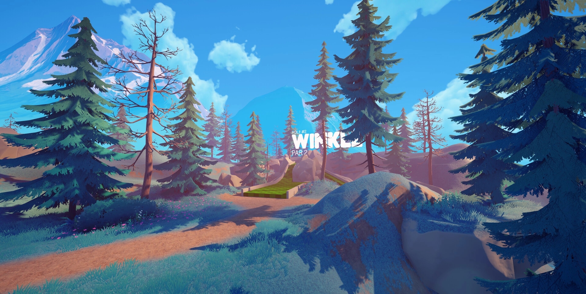 Putt in Parks: Golf course with trees, mountains, and sign for Hole #2 Winkler, Par 2 in stylized scenery.