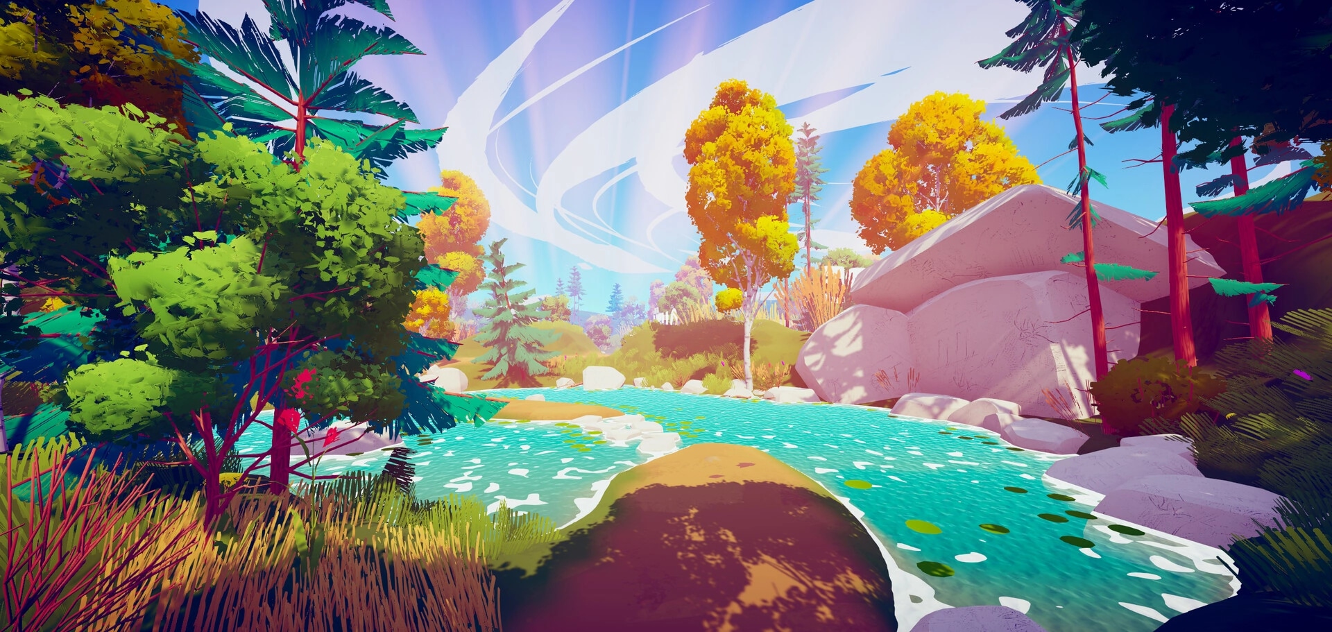Putt in Parks: Vibrant autumn forest with a serene river flowing under a clear blue sky in stylized landscape.