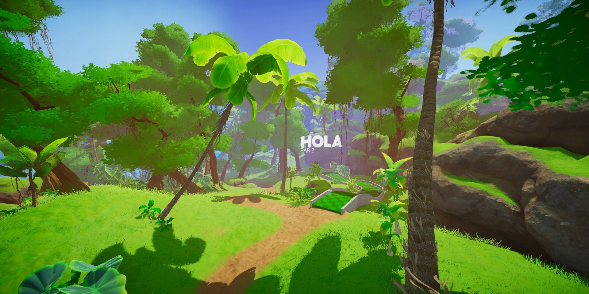 Putt in Parks: Lush tropical course with palm trees and a green putting area marked "HOLA PAR 2"