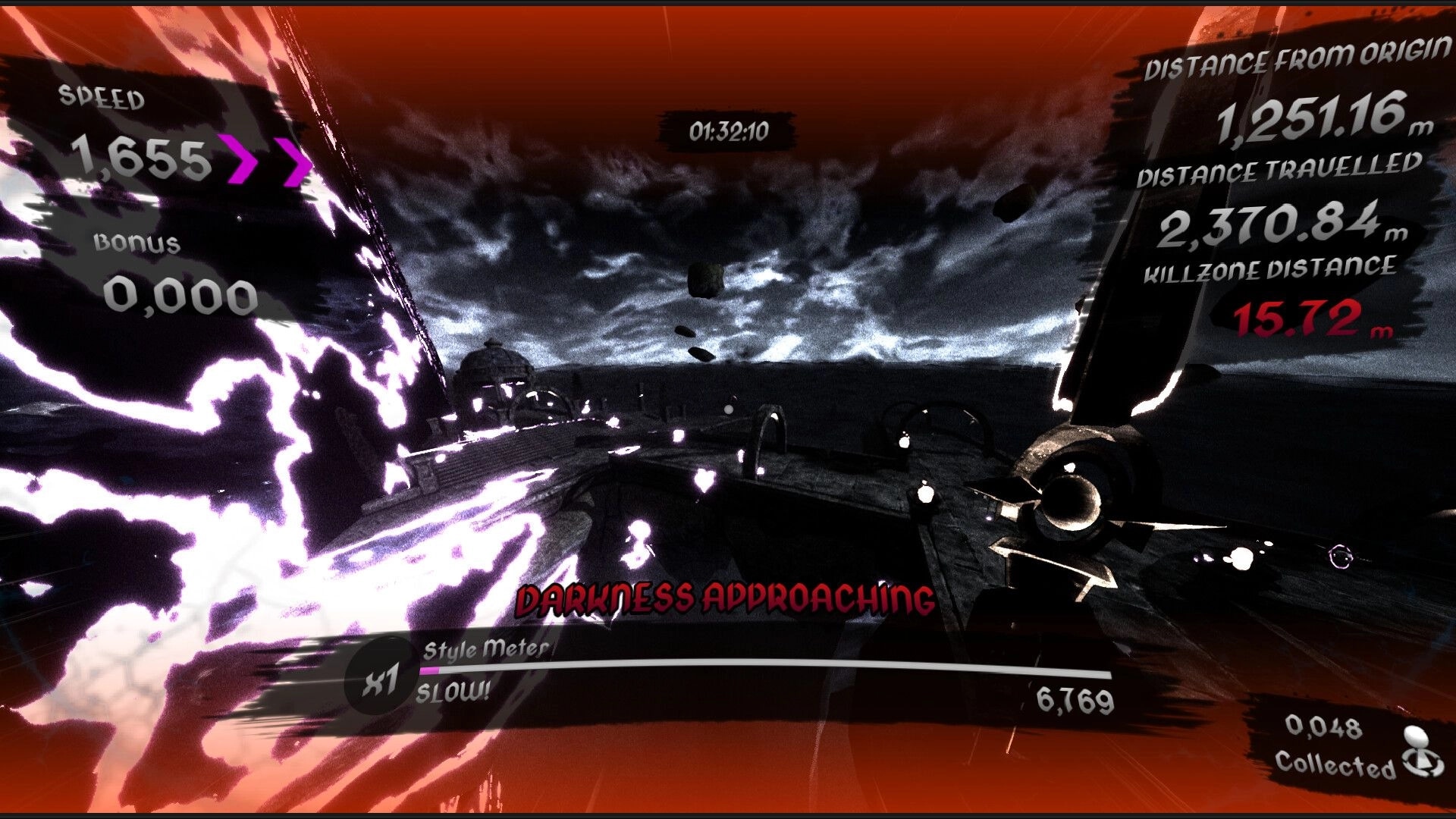 PYR: Speed HUD and darkness warning while sprinting along a stormy rooftop parkour route.