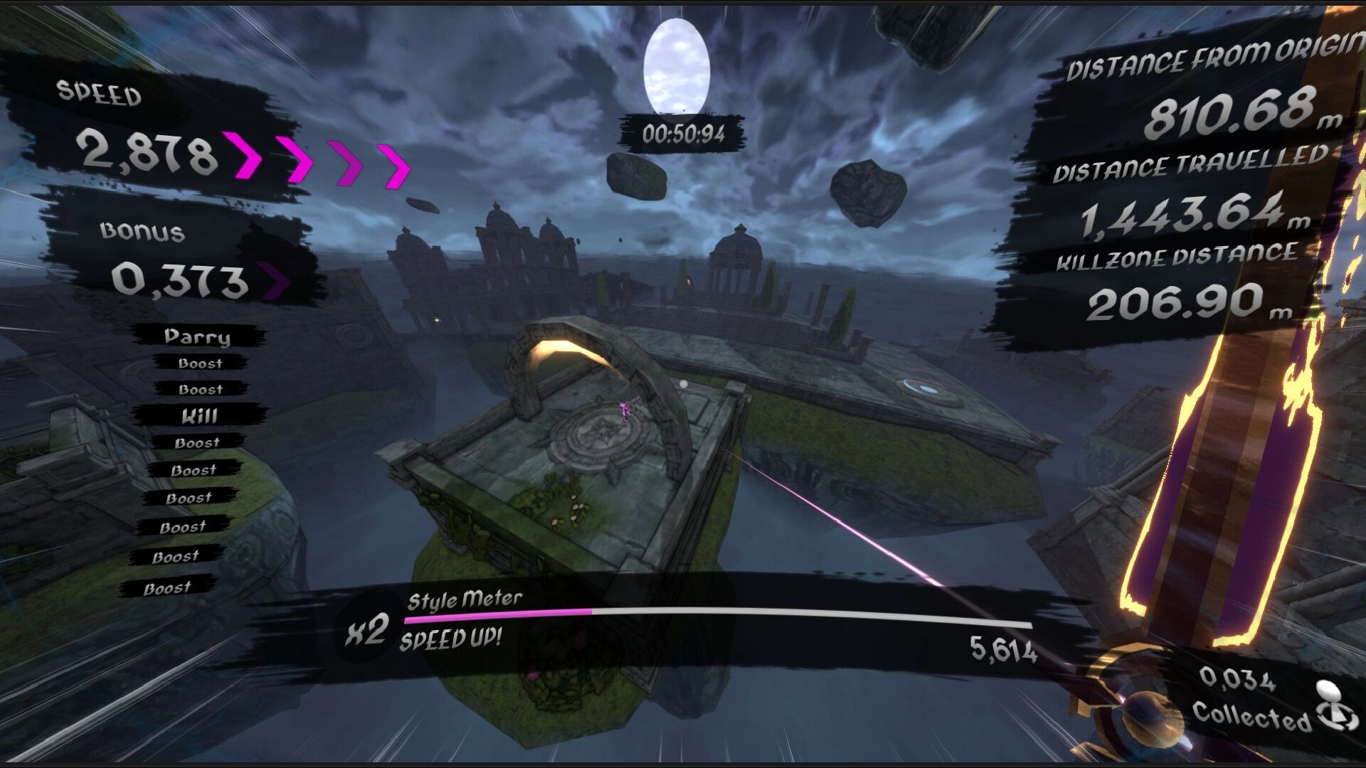 PYR: High-speed run across floating stone ruins with speed, distance stats, and style meter UI.