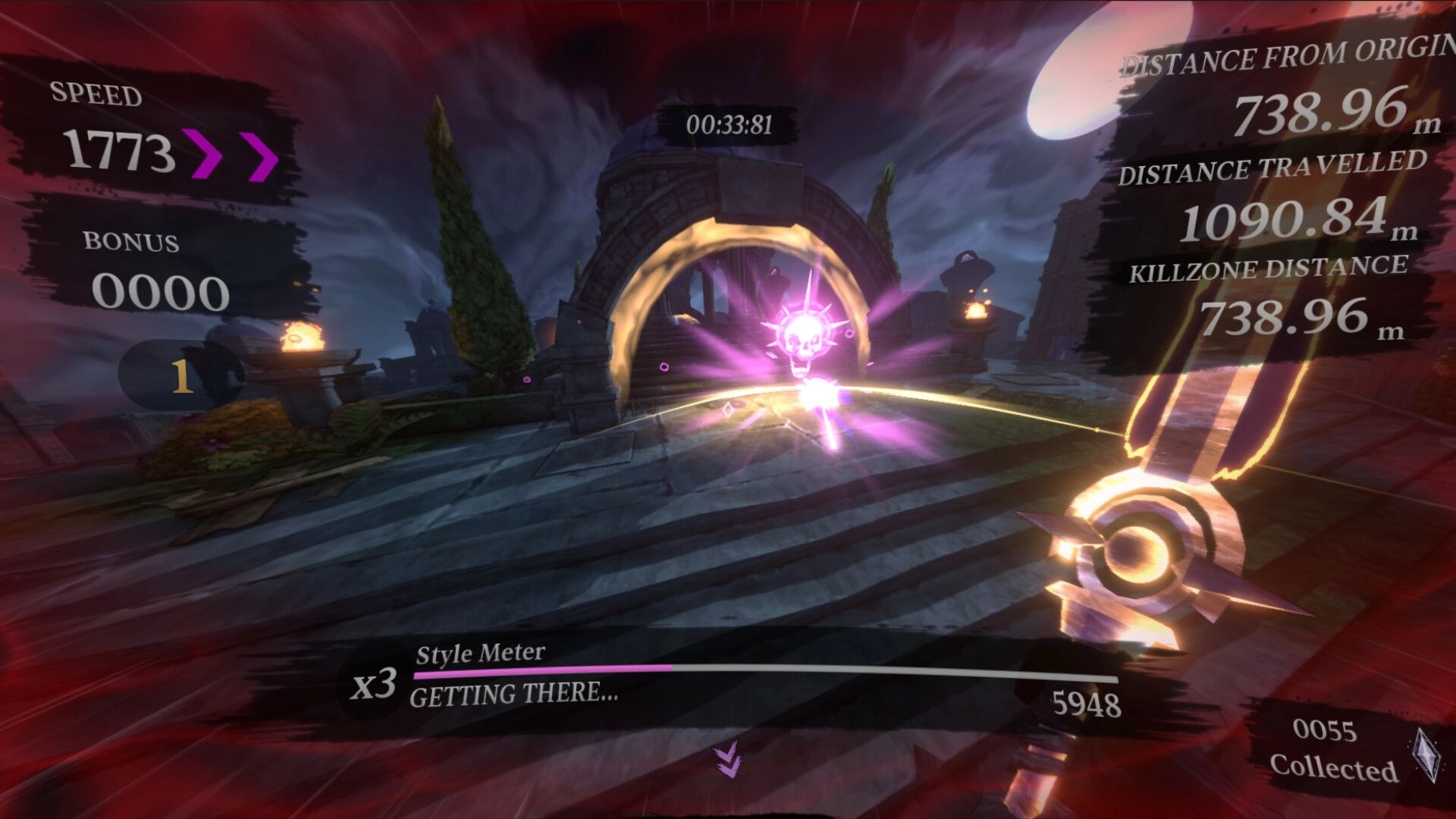 PYR: Sprinting toward a glowing purple skull portal under stone arch, speed 1773 and style meter UI up.