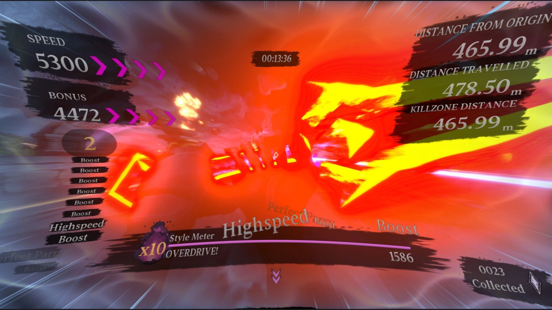 PYR: Overdrive boost sprint with speed and distance stats UI in a red motion-blur tunnel run.