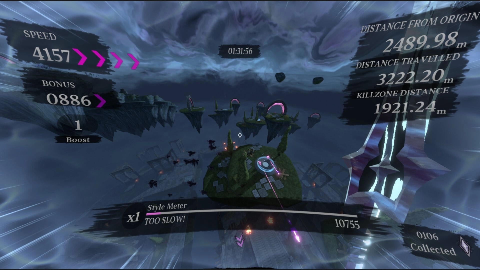 PYR: Score summary HUD with speed and distance stats over floating islands under stormy sky.