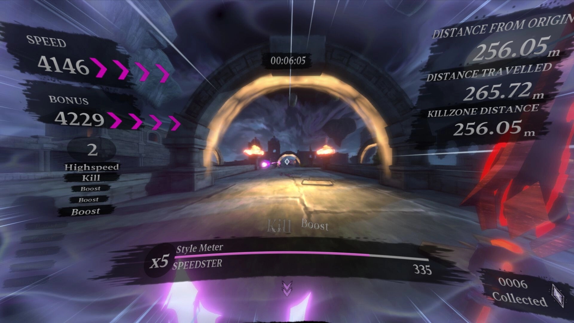 PYR: First-person sprint through stone tunnel with speed, distance stats and x5 style meter HUD.