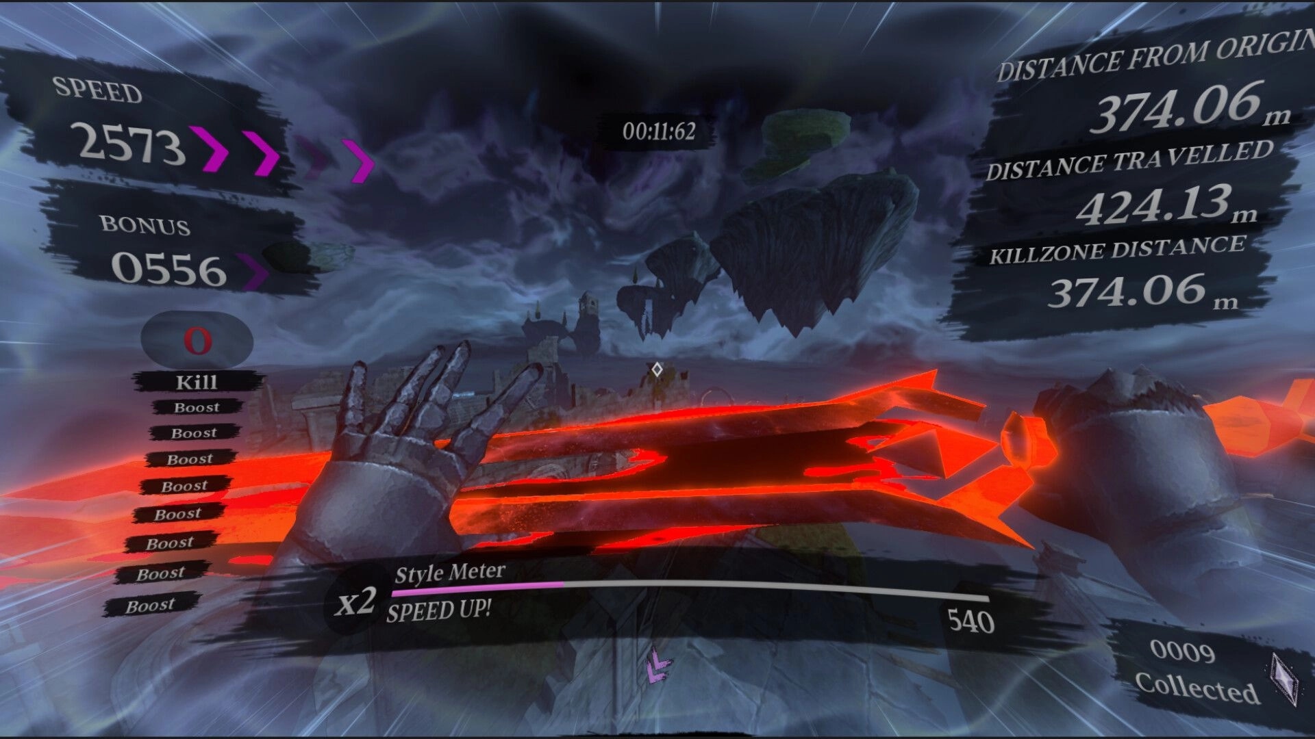 PYR: First-person runner HUD with speed 2573 and style meter, leaping across floating ruins in stormy sky.