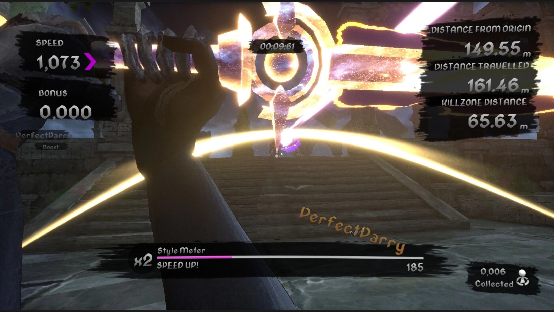 PYR: First-person run through glowing ring gate with speed and distance stats over ruined bridge path.