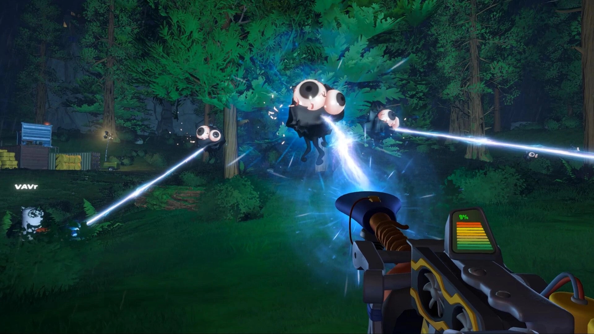 Quack Hunters: Beam gun zapping floating eyeball monsters in a dark forest clearing with charge meter UI.