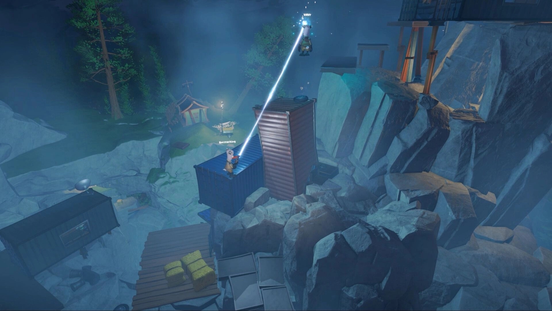 Quack Hunters: Beam gun tethers a floating duck over shipping containers in a foggy rocky quarry at night.