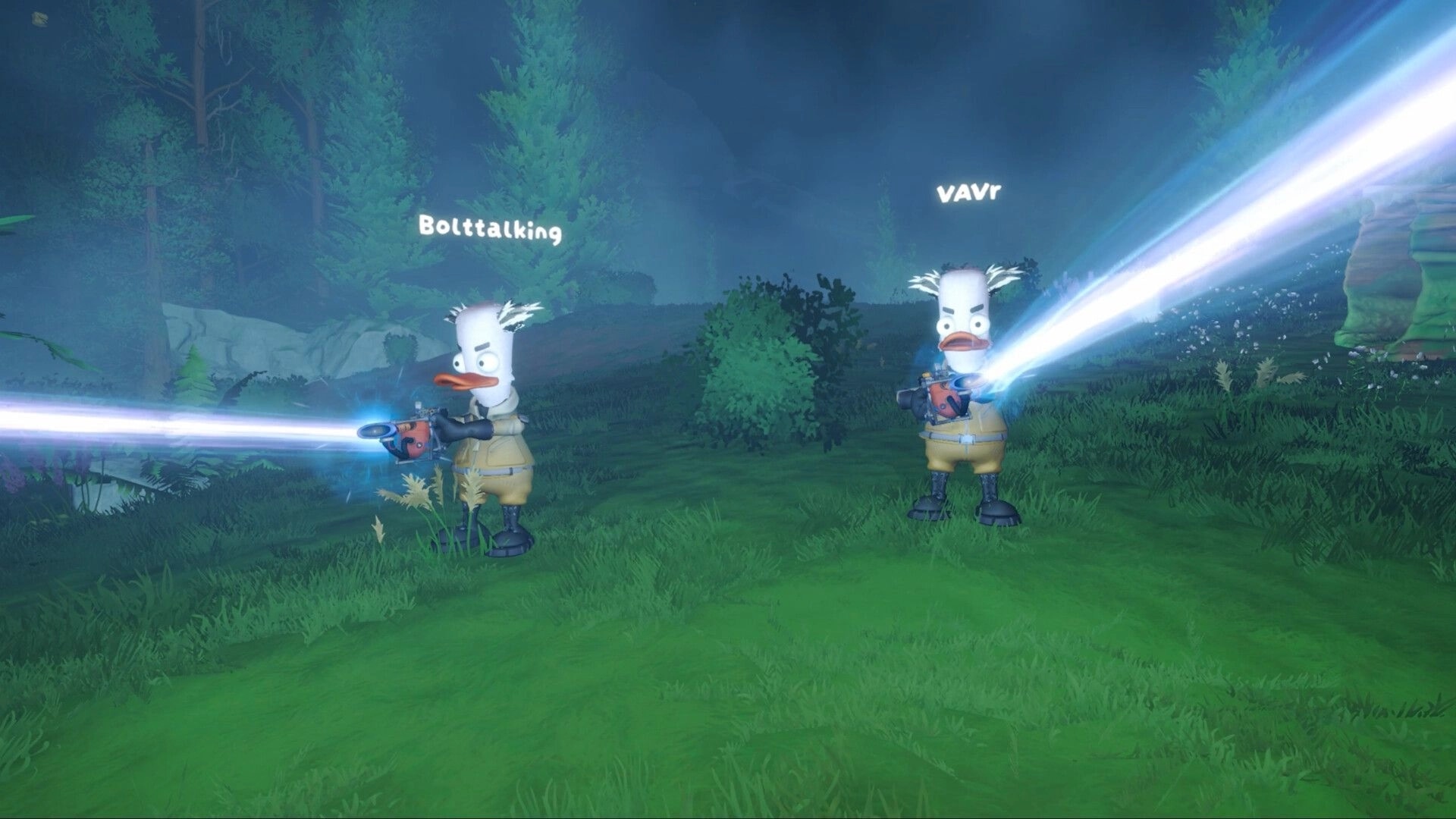 Quack Hunters: Two duck hunters fire beam guns, player names overhead, in a misty forest clearing at night.