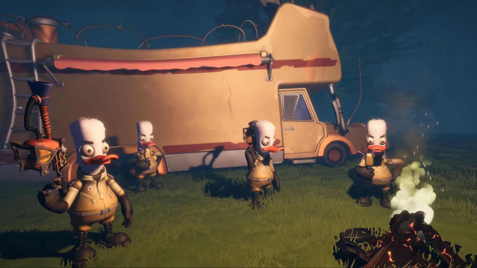Quack Hunters: Four duck hunters pose with gear by a van at night beside a smoking campfire.