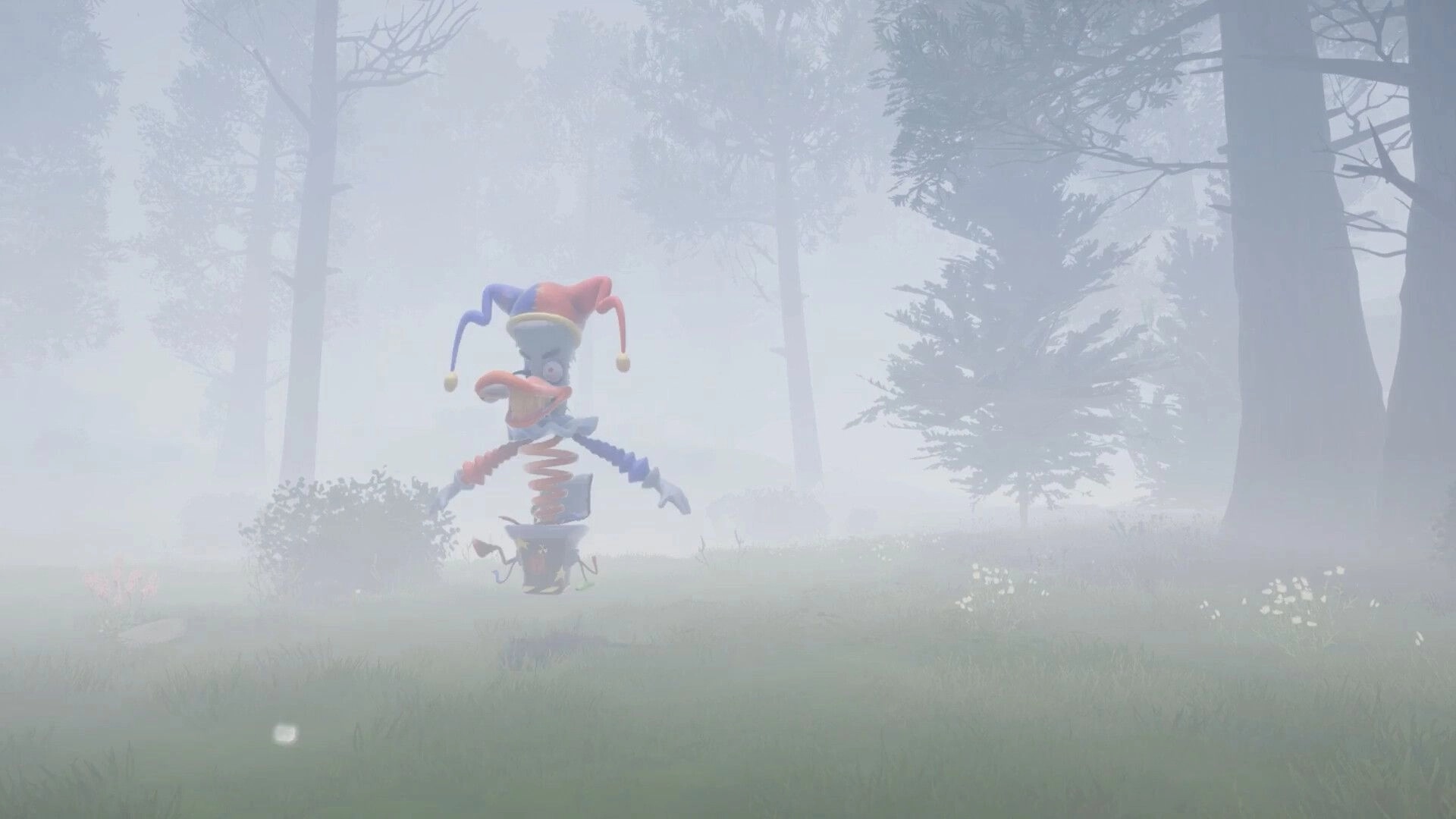 Quack Hunters: Jack-in-the-box jester monster rising on a spring in a foggy pine forest clearing.