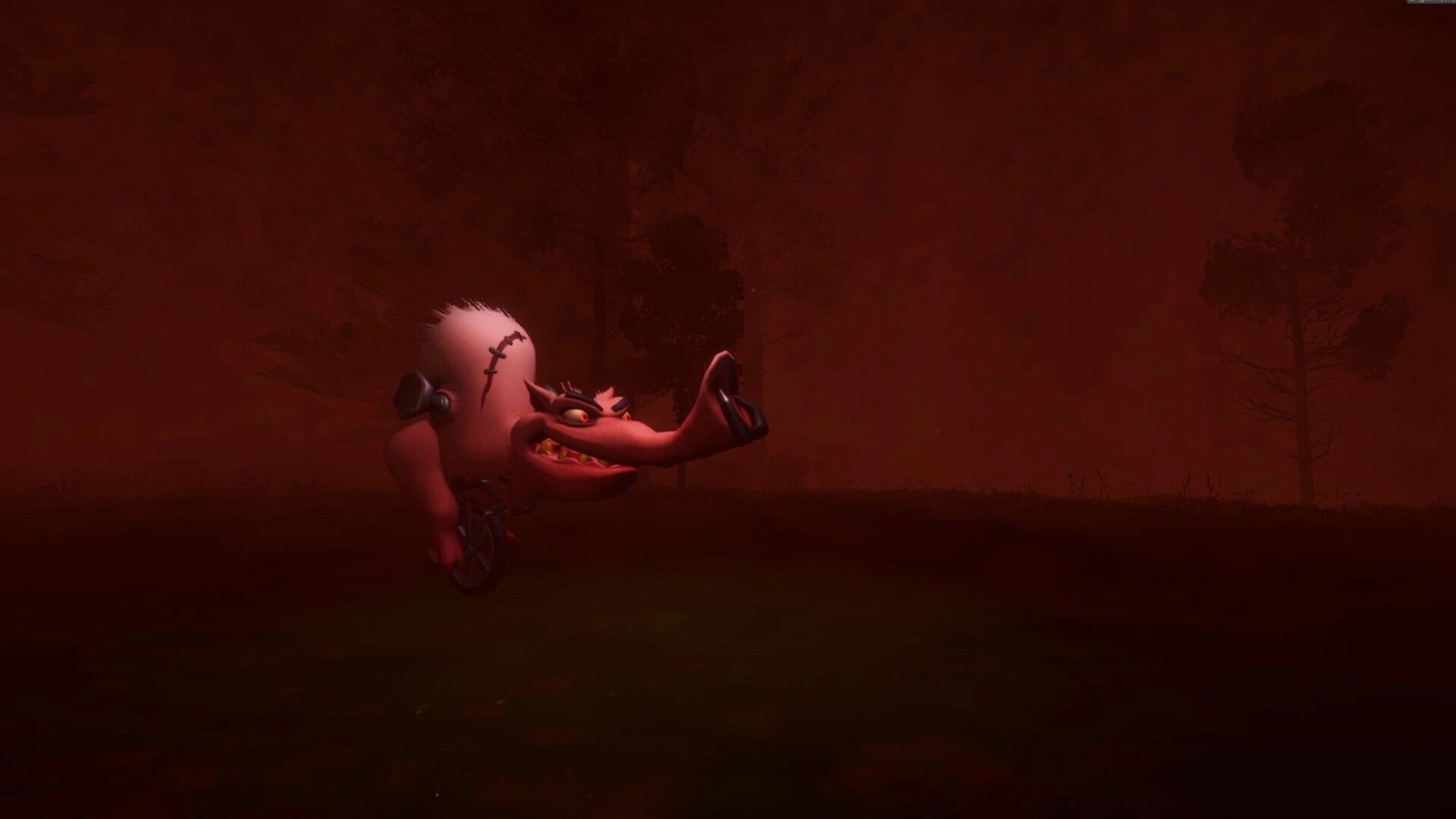 Quack Hunters: Snarling stitched boar-like monster emerging from red fog in a dark forest clearing.