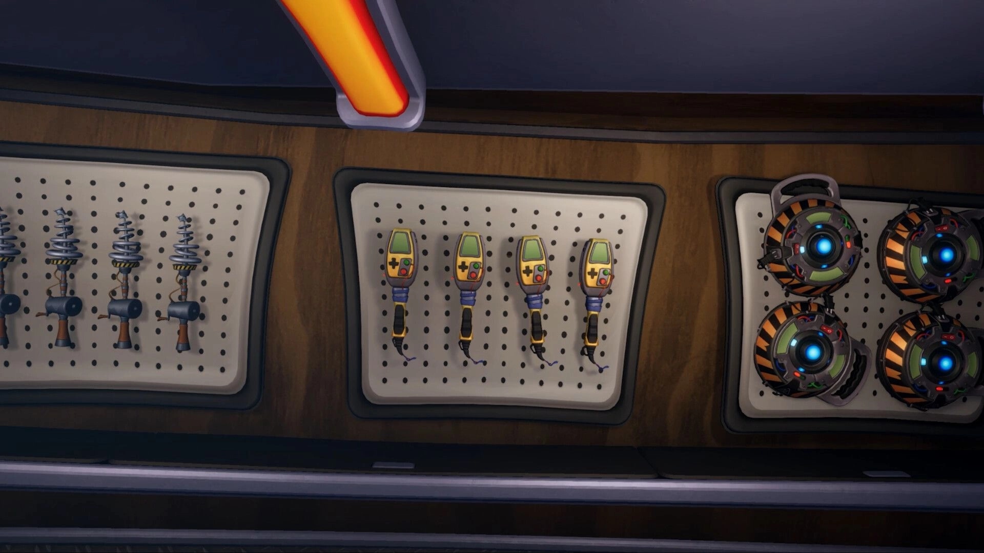Quack Hunters: Weapon rack with coil guns, scanners, and orb gadgets mounted inside the van.