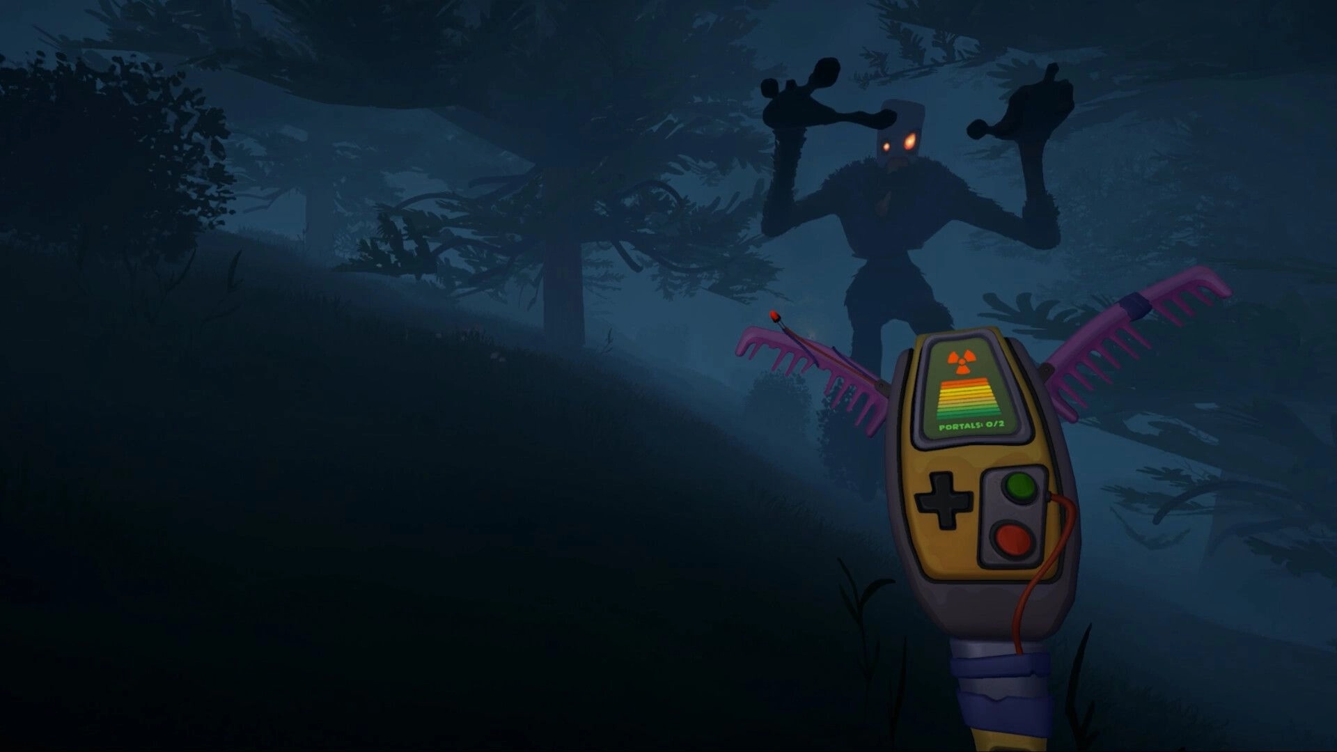 Quack Hunters: First-person portal scanner aimed at glowing-eyed monster in a foggy forest at night.