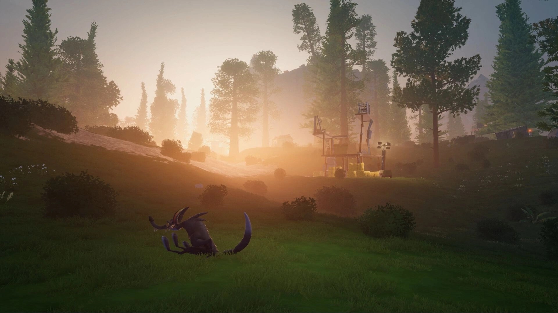 Quack Hunters: Dead purple monster sprawled on grass in misty forest clearing near hay bales at dawn.