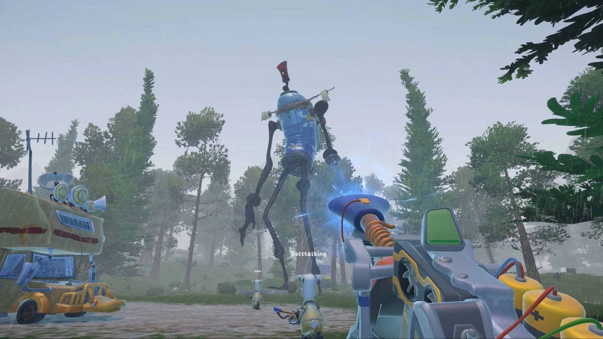 Quack Hunters: Beam gun firing at towering robot monster in misty forest clearing near gear truck.