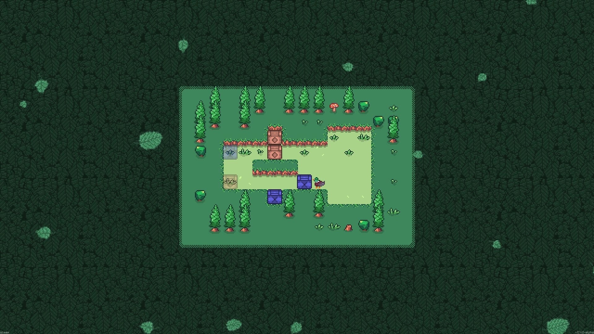 Quackoban: Duck pushes blue crates and a stacked totem on a grassy forest puzzle board with trees.