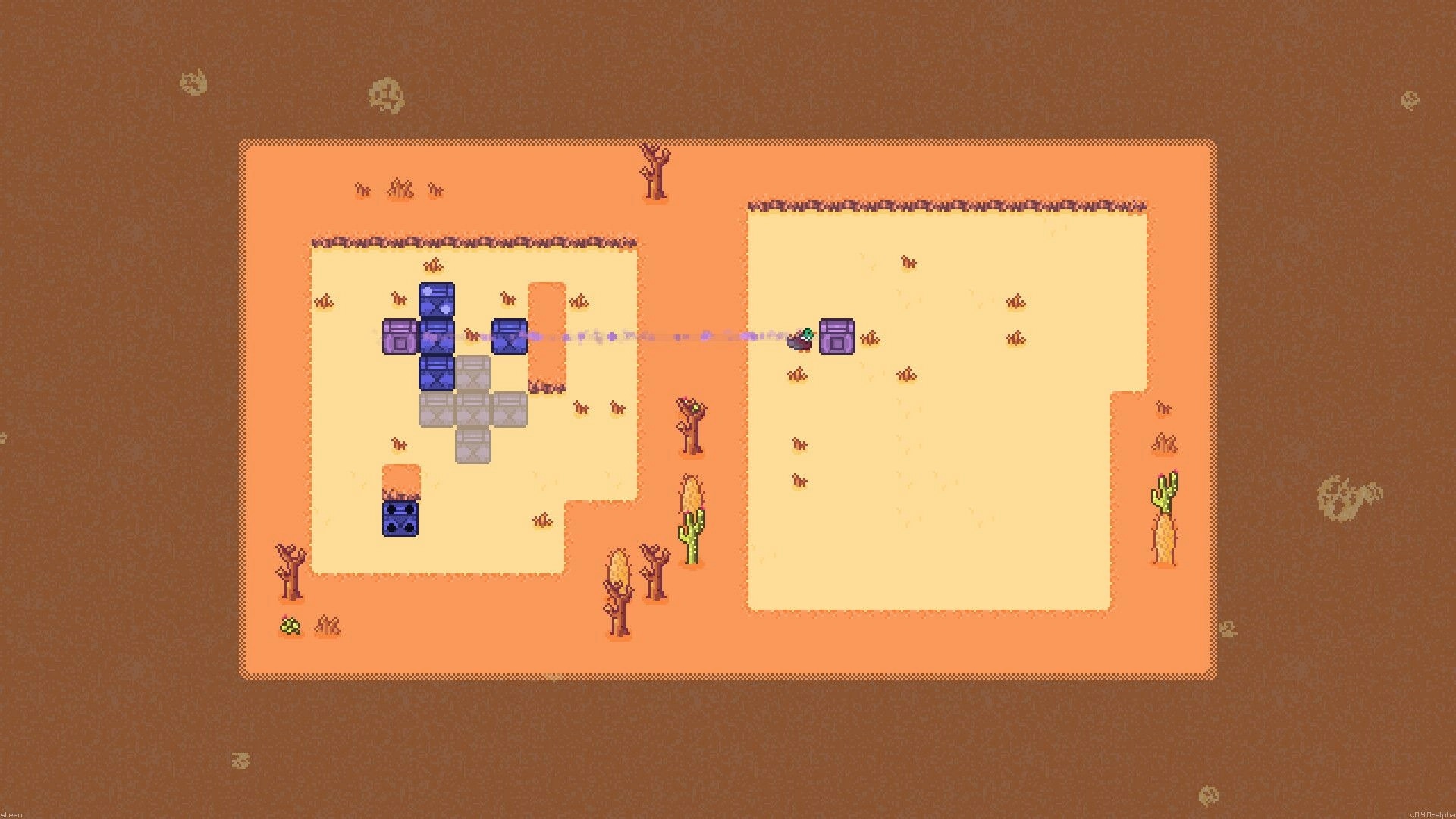 Quackoban: Duck pushes purple blocks and links a teleporter beam across sandy desert puzzle rooms.