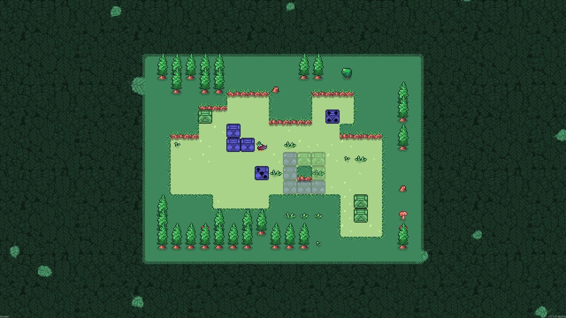 Quackoban: Duck pushes blue blocks and crates on grassy puzzle map surrounded by trees and stumps.