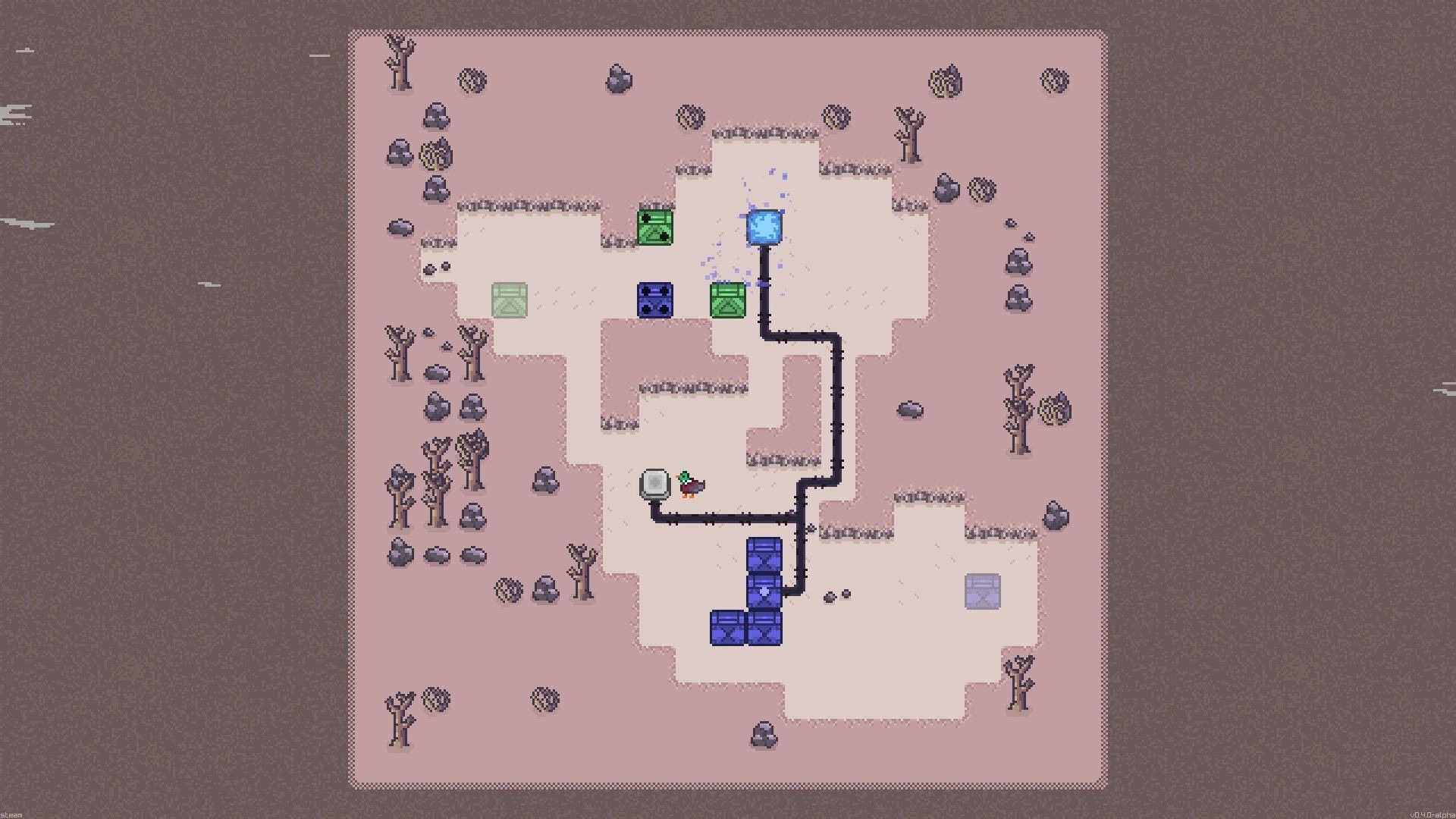 Quackoban: Duck pushes blocks along a cable to a glowing blue node in a sparse desert puzzle map.