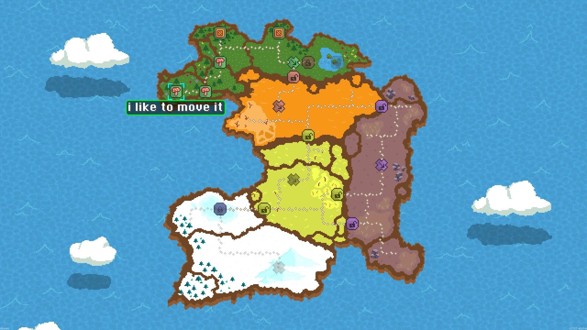 Quackoban: World map with dotted paths and level icons across biomes, text bubble "i like to move it".